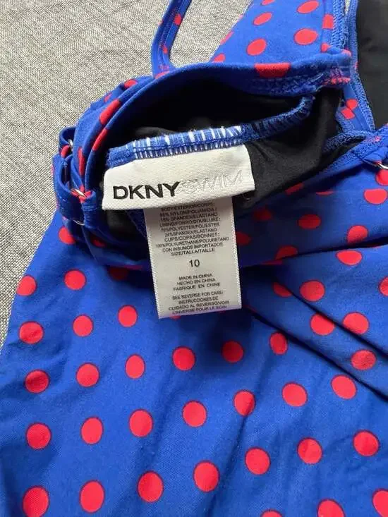 DKNY Swim Women's Ruched Polka Dot One-Piece Swimsuit Blue and Red Size 10 - Picture 7 of 8